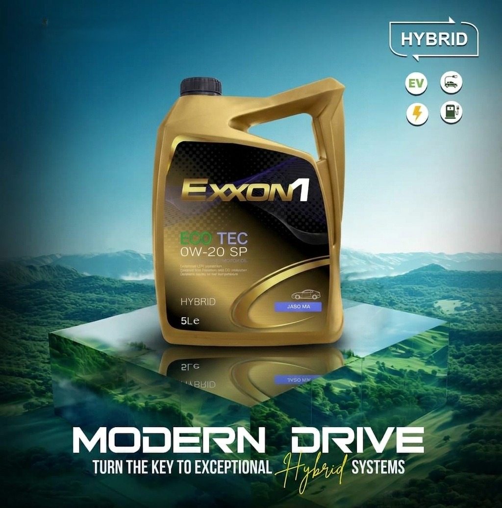 Exxon1 Eco Tec 0W-20 SP hybrid motor oil container on a reflective platform above green mountains