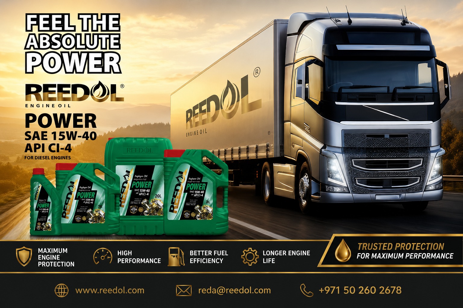 Reedol Power SAE 15W-40 diesel engine oil containers in front of a Reedol-branded truck