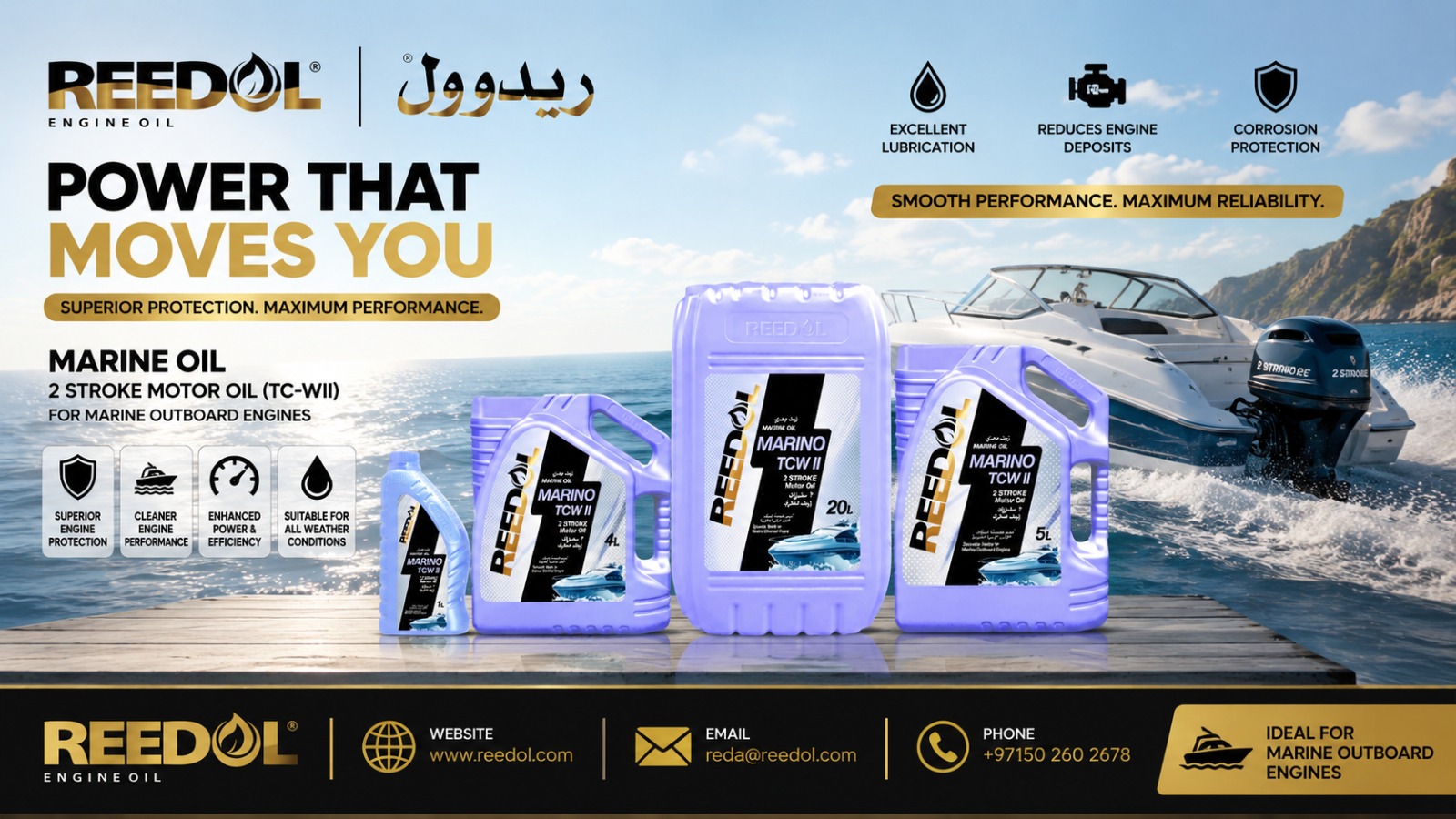 Reedol Marino TCW-II marine engine oil containers with a motorboat at sea