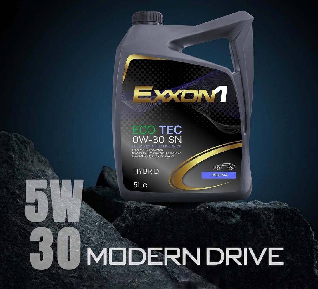 Exxon1 Eco Tec 0W-30 SN hybrid motor oil container displayed on dark rock