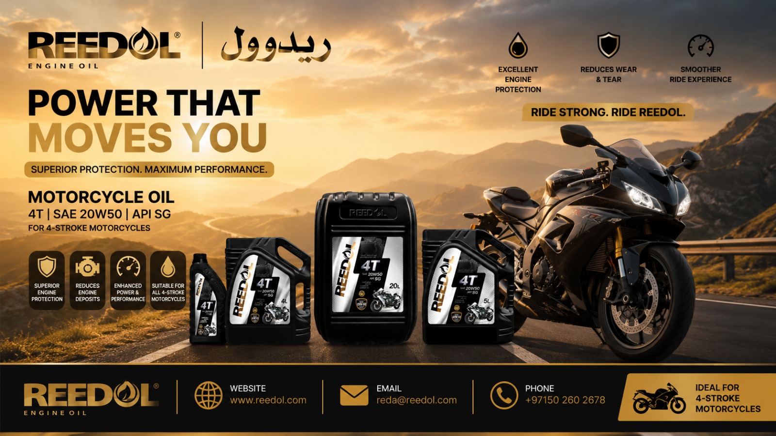 Reedol 4T SAE 20W-50 motorcycle engine oil containers beside a black sportbike at sunset