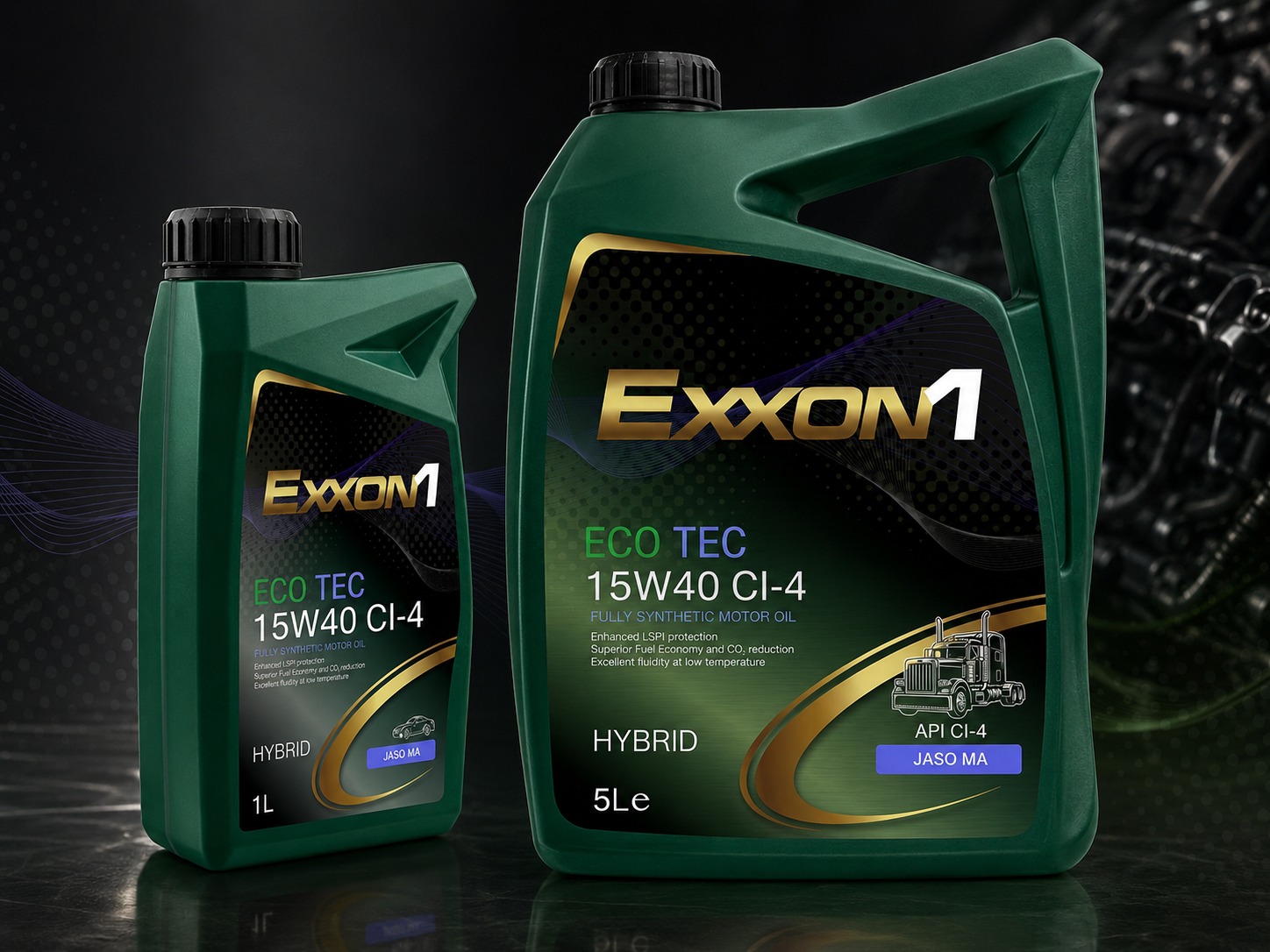 Exxon1 Eco Tec 15W-40 CI-4 fully synthetic hybrid motor oil in 1L and 5L green containers