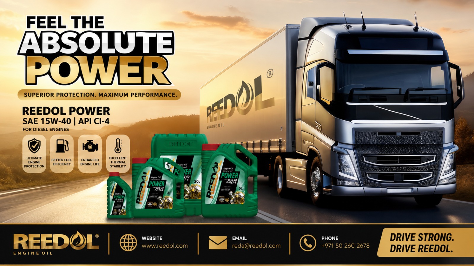 Reedol Power diesel engine oil range beside a semi-truck on a highway at sunset