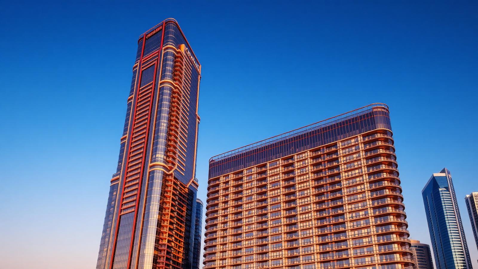 Luxury commercial towers in Dubai at golden hour