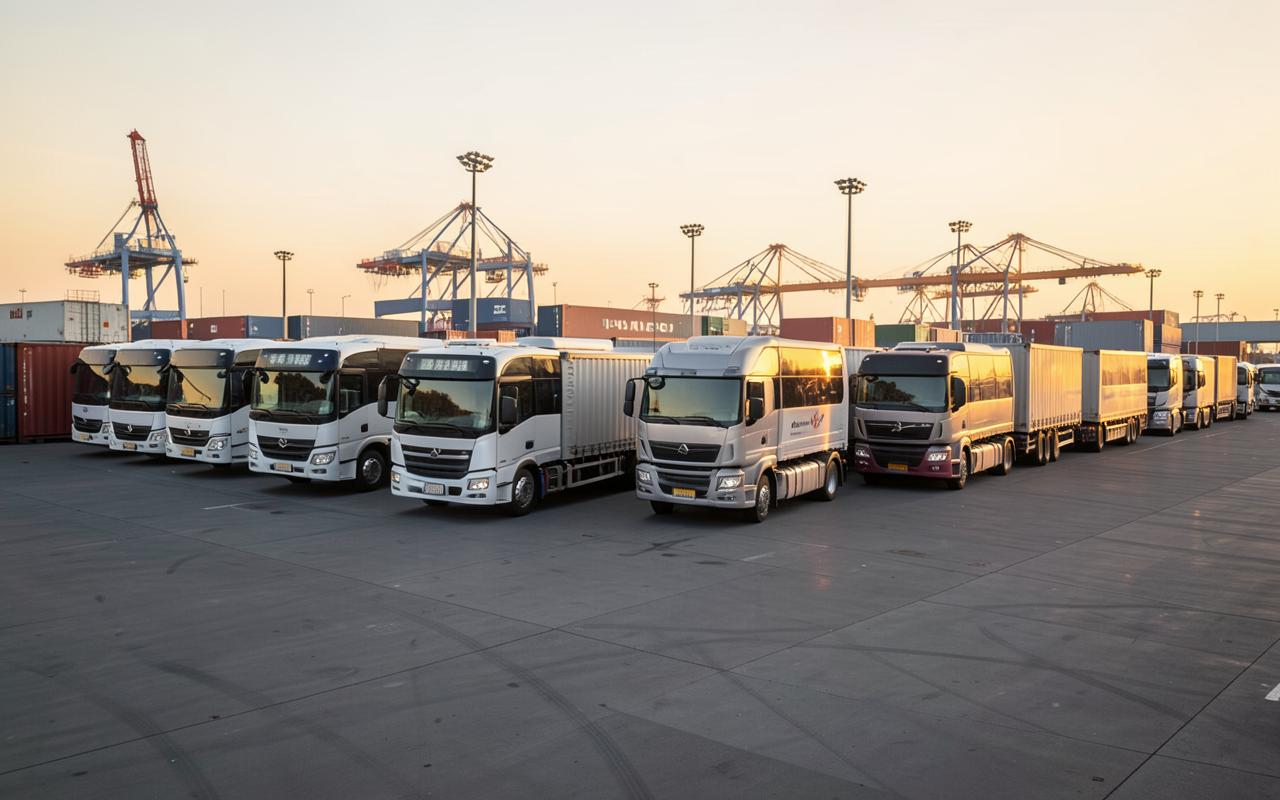 Buses and heavy-duty trucks lined up at a port terminal for export