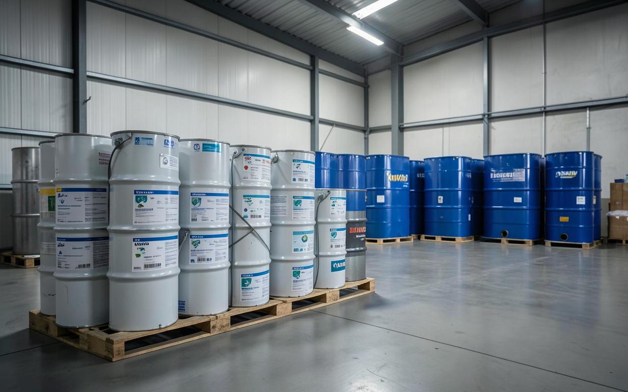 Industrial chemical drums and containers in a warehouse