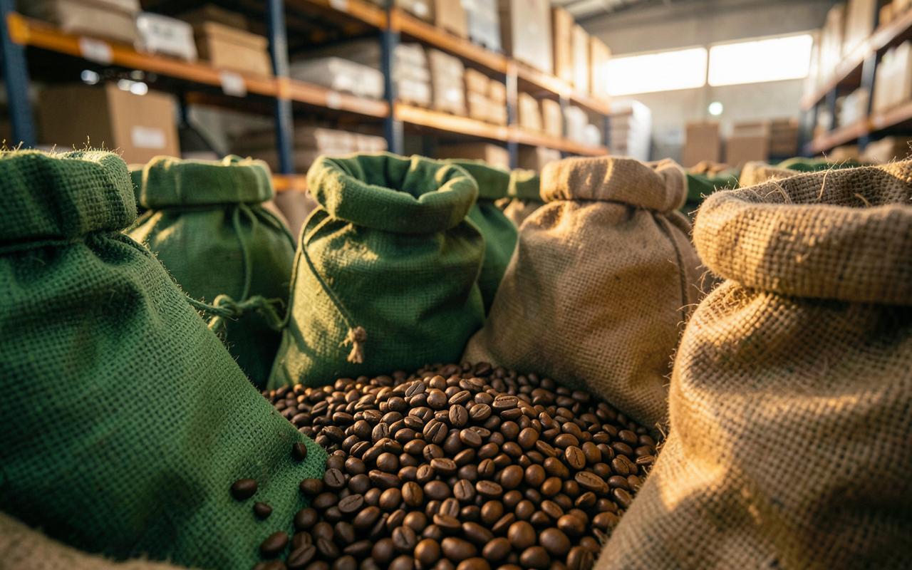 Sacks of green and roasted coffee beans in a trading warehouse