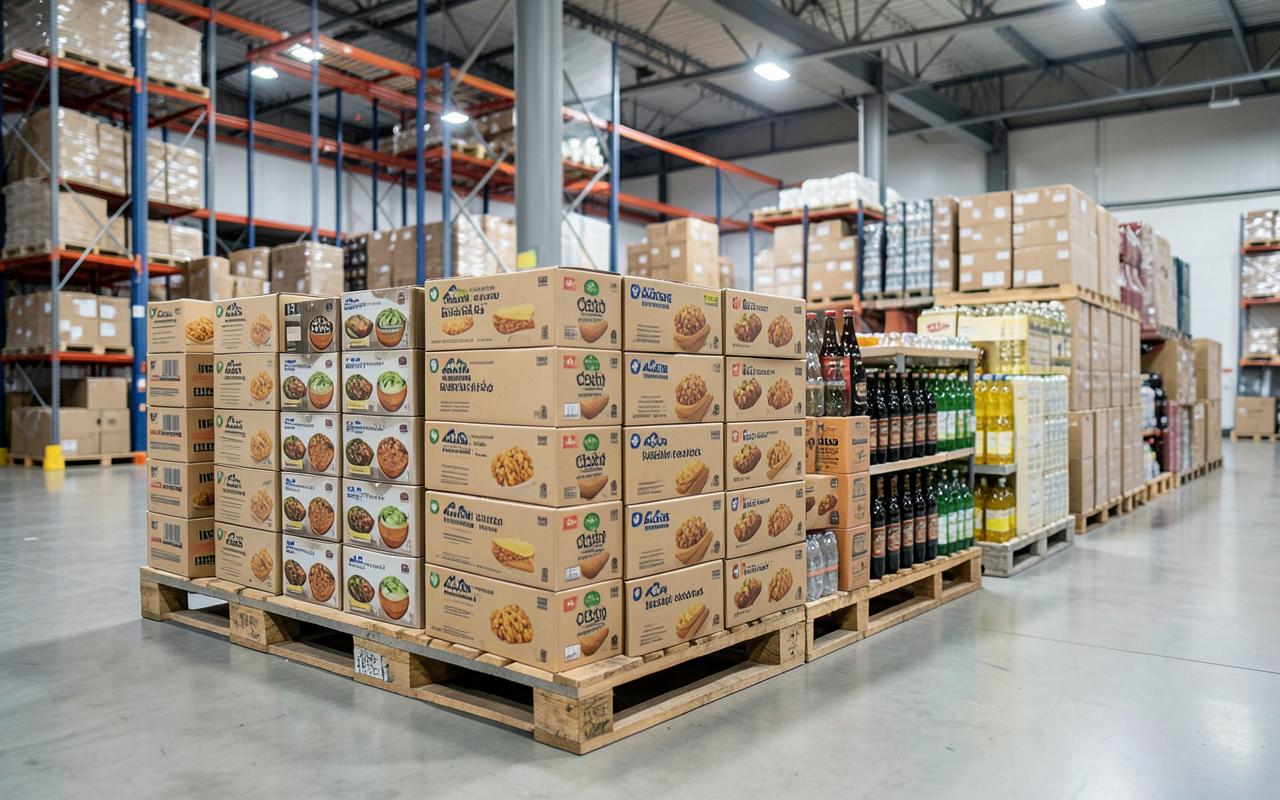 Packaged food and beverage products on pallets in a wholesale warehouse