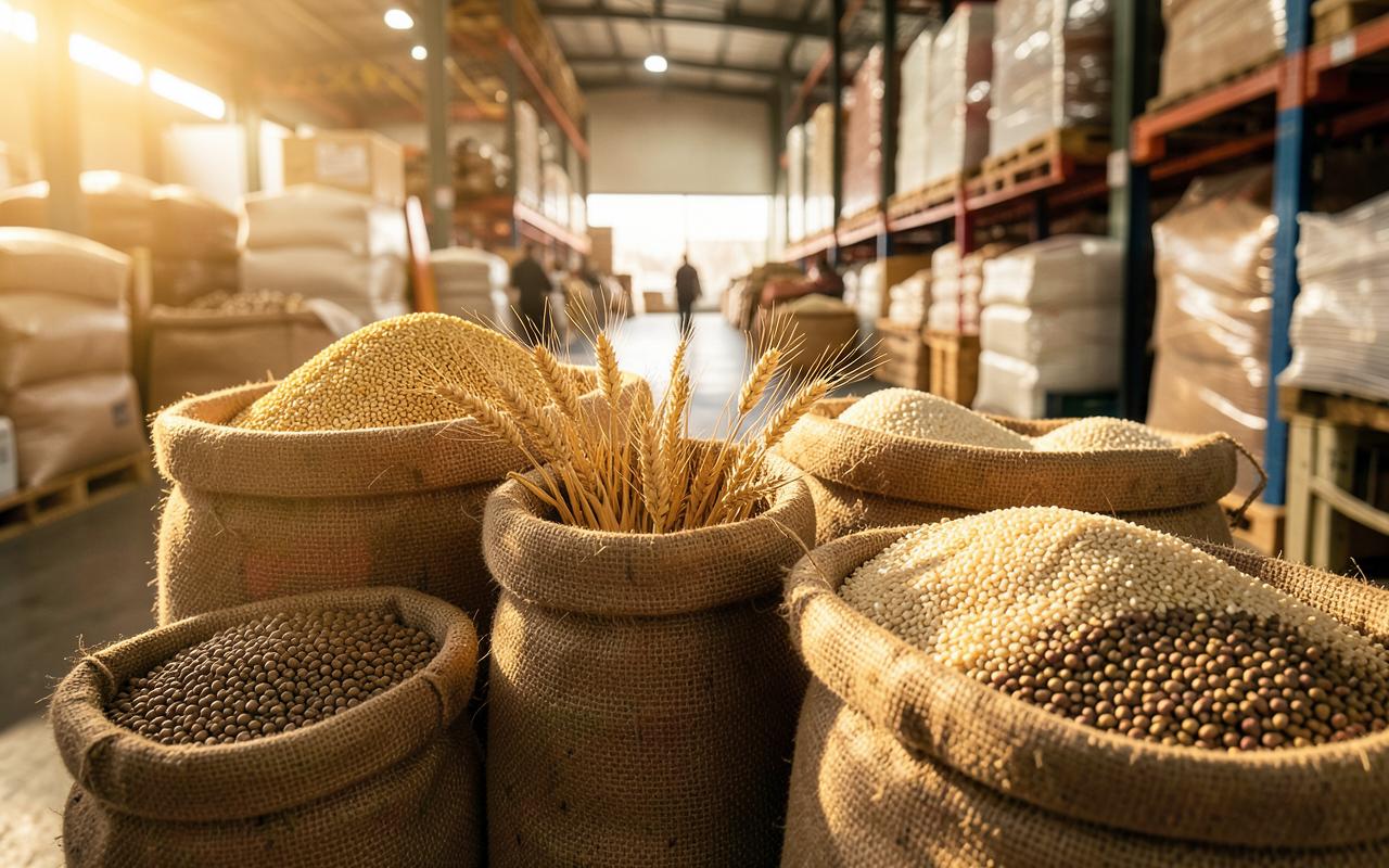 Sacks of wheat, rice and legumes in a trading warehouse