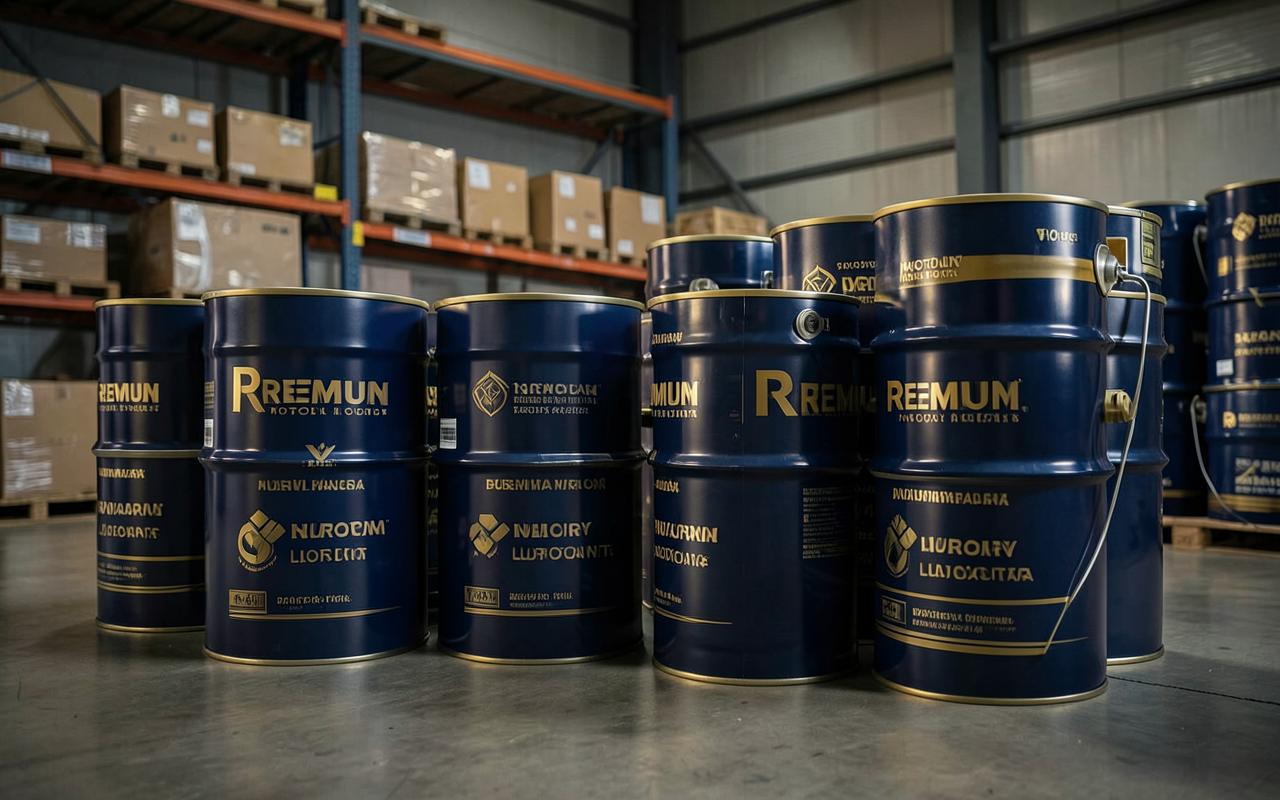 Lubricant drums and containers in bulk packaging in a warehouse