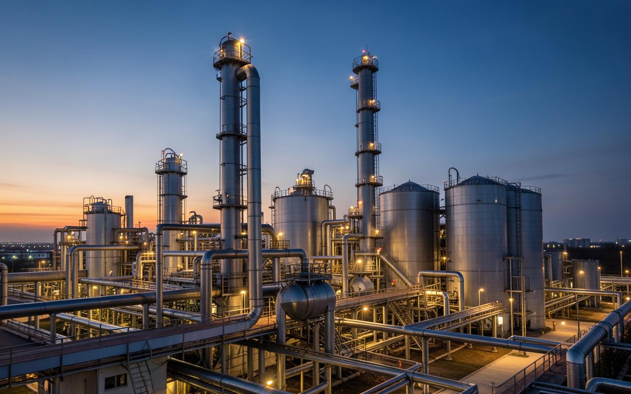 Petrochemical refinery with pipelines and storage tanks at dusk
