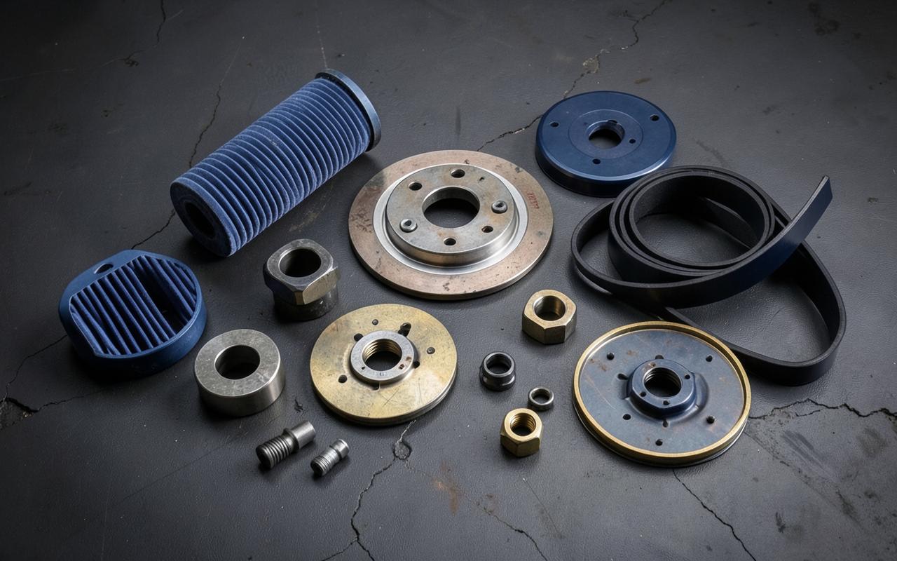 Automotive spare parts and components arranged on a dark surface