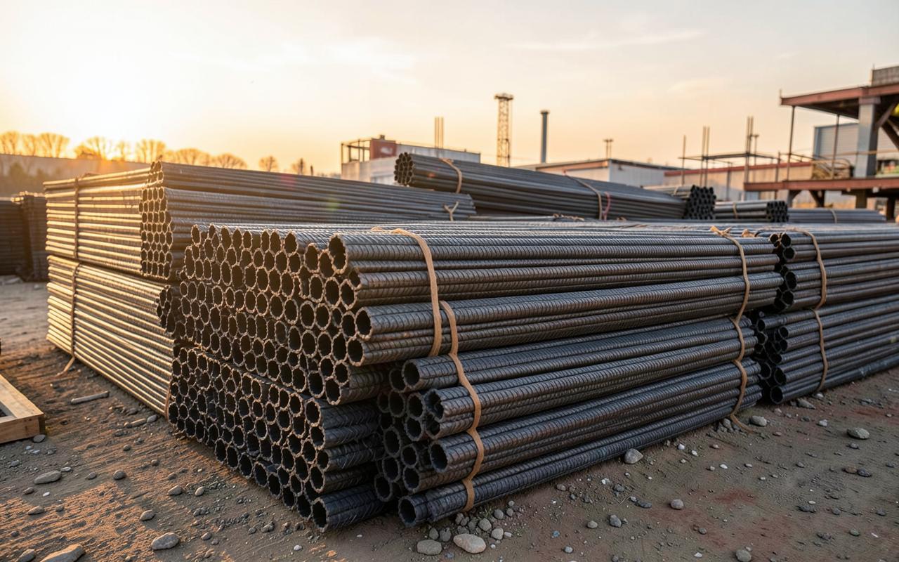 Stacks of reinforcement steel bars at a construction yard