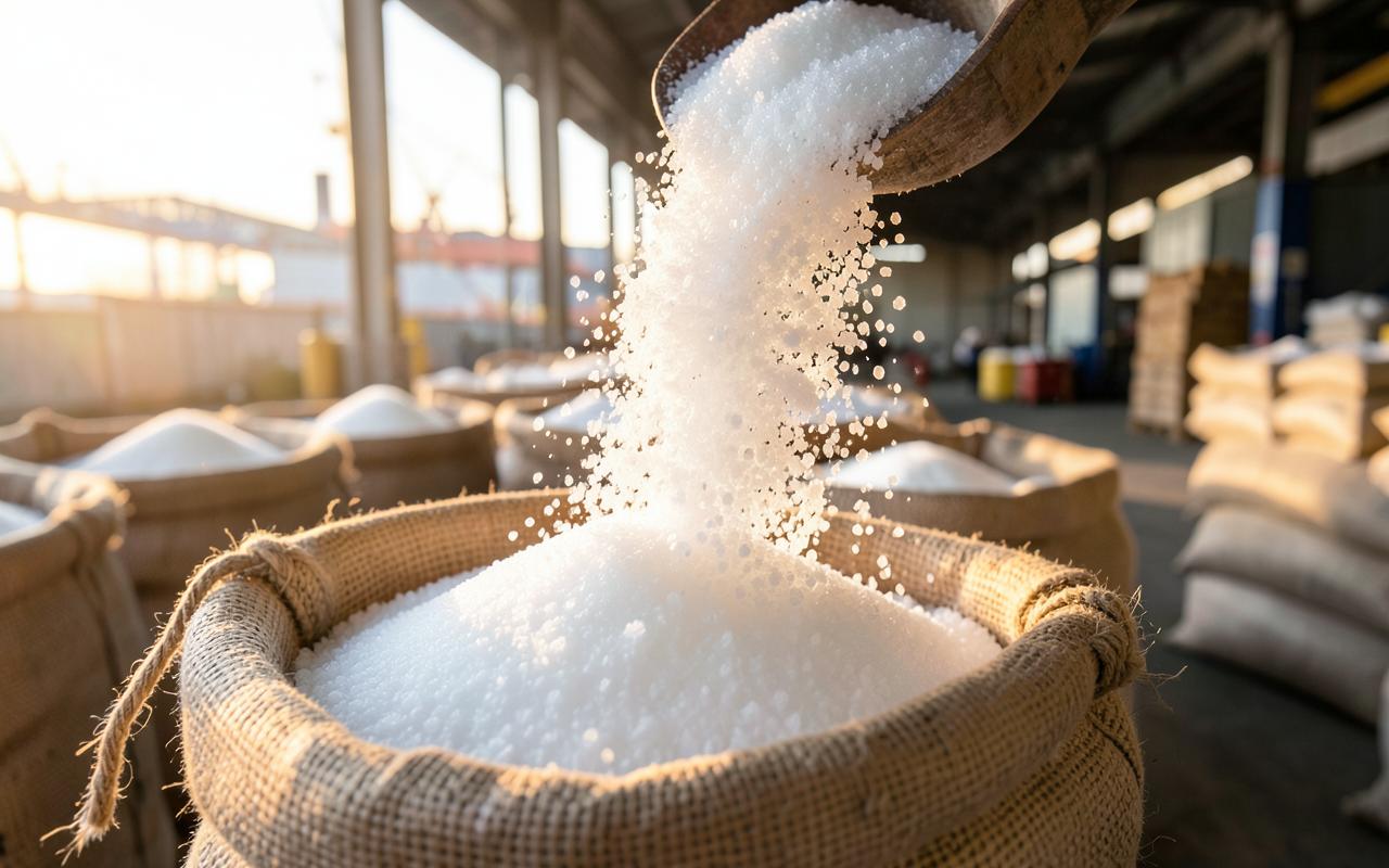 Bulk white sugar being poured into sacks at a port warehouse