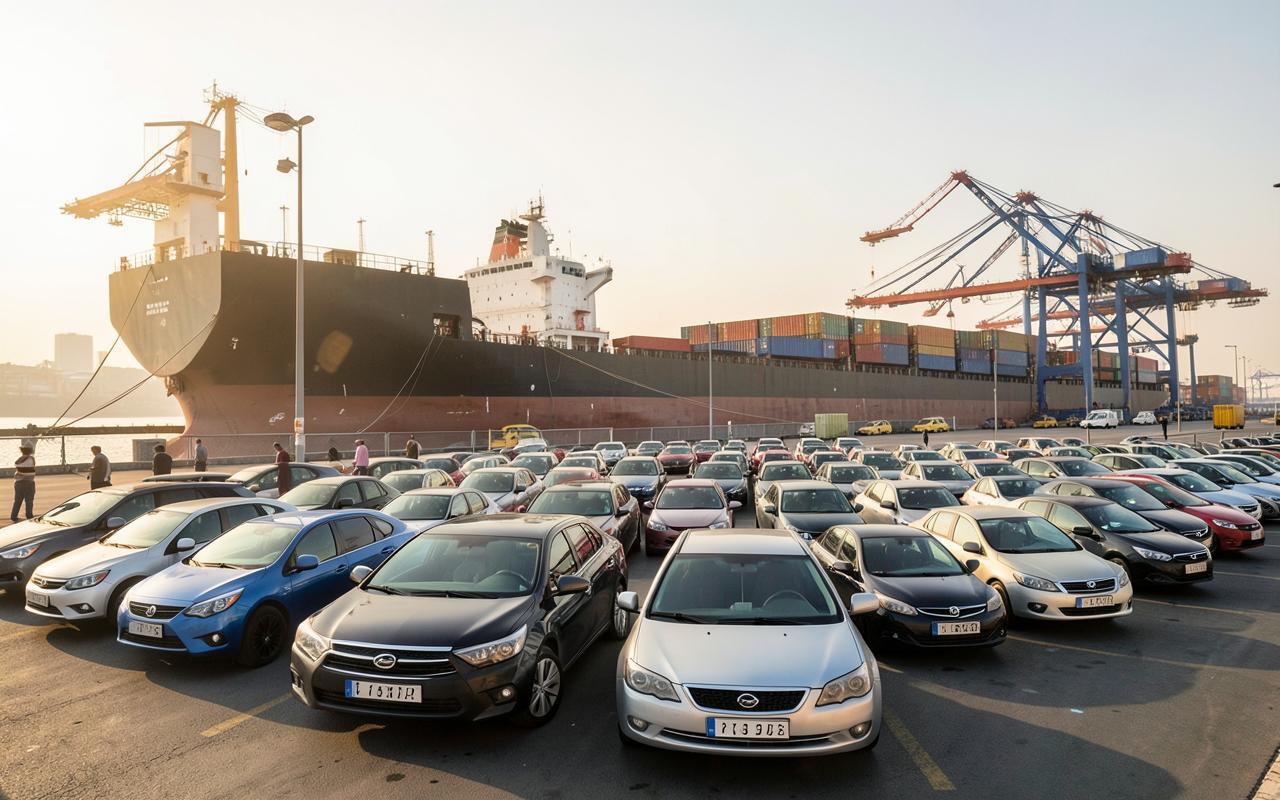 Used cars parked at a shipping terminal with a cargo vessel